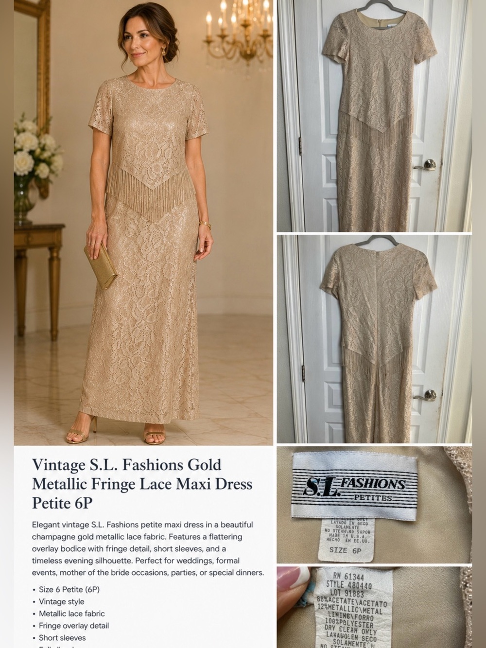 Vintage S.L. Fashions Gold Metallic Fringe Lace Maxi Dress Petite 6P